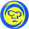 logo gele actergrond mey blauwe rand in het center een koks muts en eb snor ook in het blauw in vector afbeelding voorgesteld